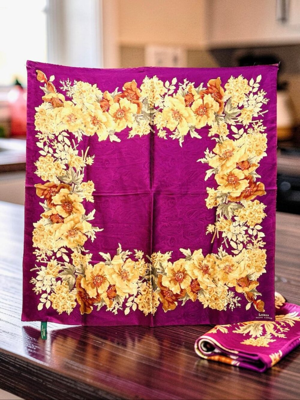 Beautiful Soft LRL Lauren Ralph Lauren Silk Satin Scarf 31" Purple Gold flora(95